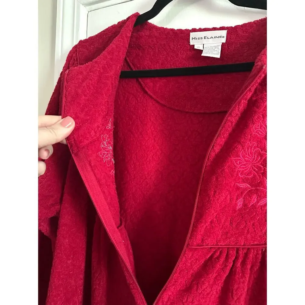 MISS ELAINE Vintage Red Fleece Plush Robe Housedress House Dress Embroidered XL